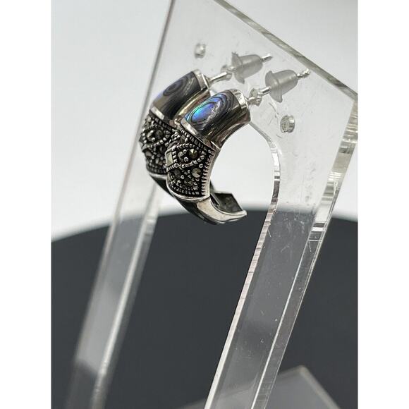 FAS DESIGNER Abalone & Marcasite 925 J-Hoop Post Pierced Earrings 5.30g - Picture 1 of 11